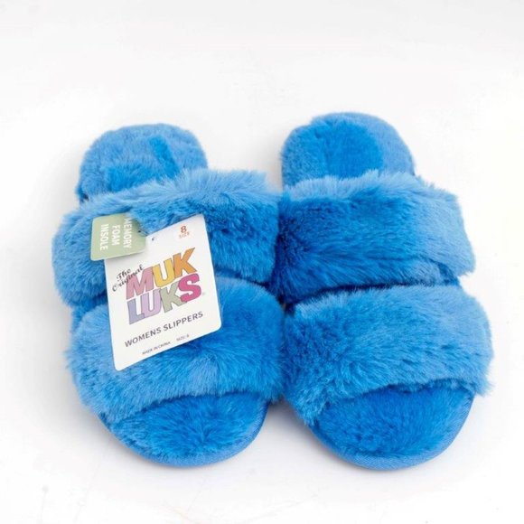 NWT Muk Luks Blue Double-Strap Plush Slippers - sz 8 - Picture 3 of 6
